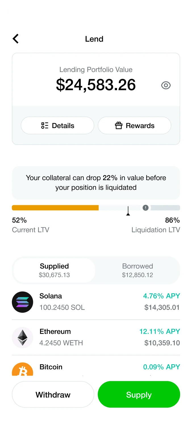 Rift lending screen with portfolio value and supplied assets